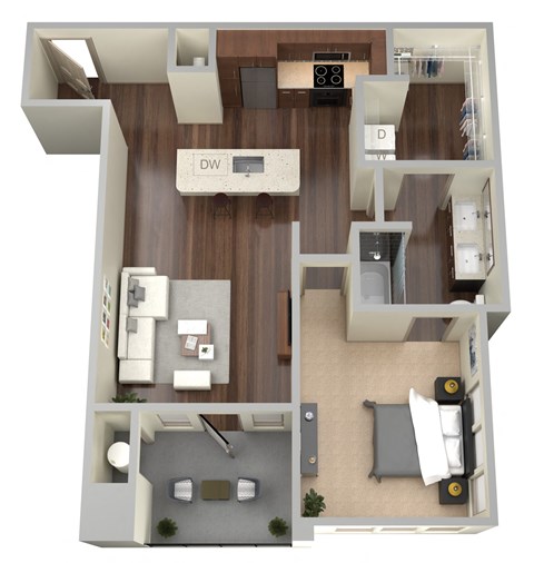 Floor plan for 1 bed, 1 bath, 779 sqft